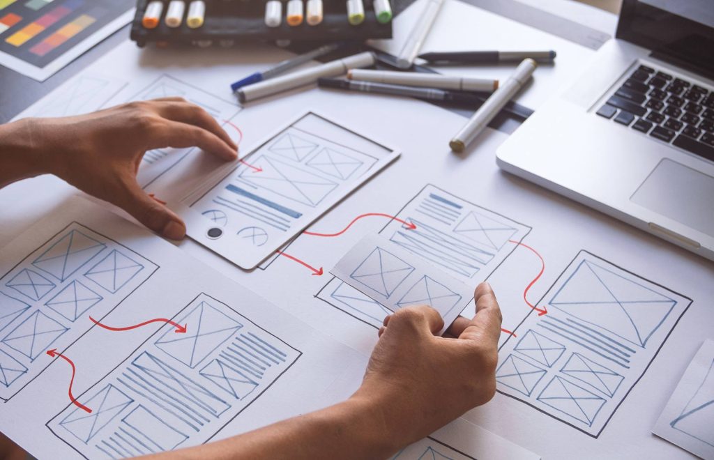 Interaction design process shown as paper cut-outs with arrows followinf user actions.